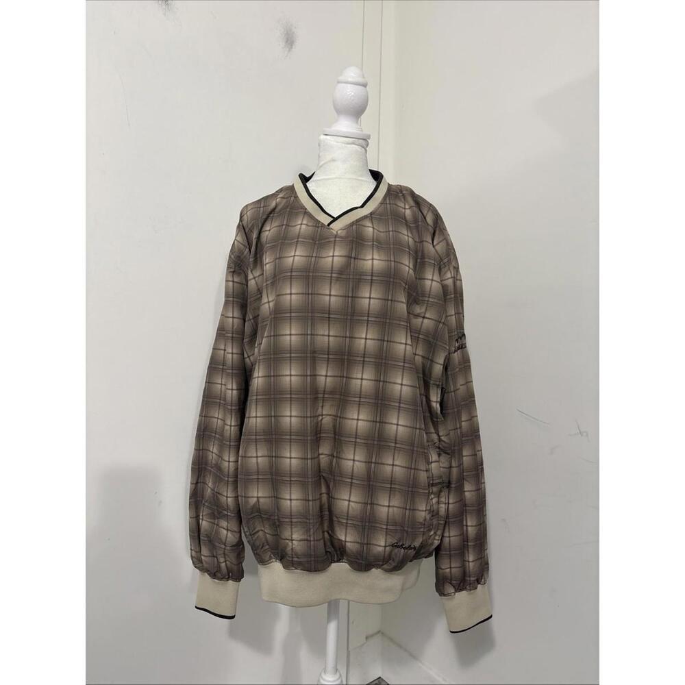 Cabela's Mens Golf V Neck‎ Beige Plaid Pull On Polyester Lined Jacket Sz L Tall